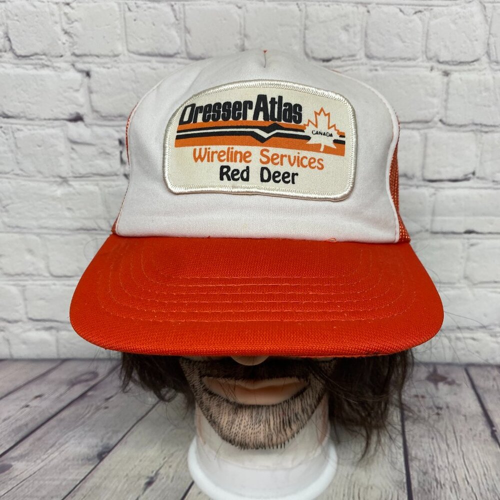 Vintage Trucker Hat Mesh Cap Snapback White Orange Dresser Atlas Wireline Serv